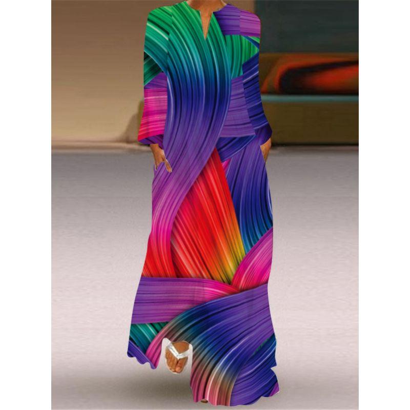 Fashion Style Spring and Summer Fashion New Women's Retro Butterfly Print Long Dress Export V Neck Long Sleeves Pocket Dress