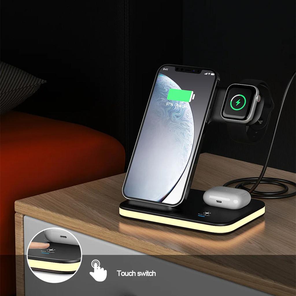 E6 4-in-1 15W Wireless Charger Phone Watch Earphone Charging Stand Night Light