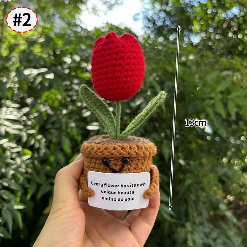 Handmade Crochet Flower Sunflower Potted Knitted Wool Ornament Auto Interior Funny Stress Relieving Decor With Positive Card