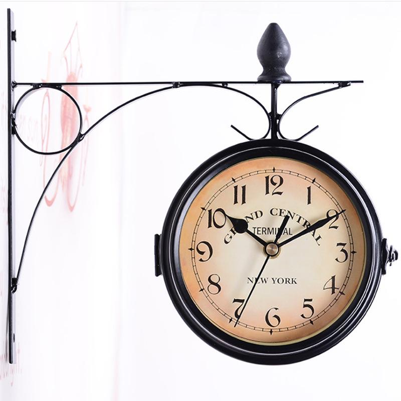 European Retro Double-Sided Decorative Iron Wall Clock for Living Room