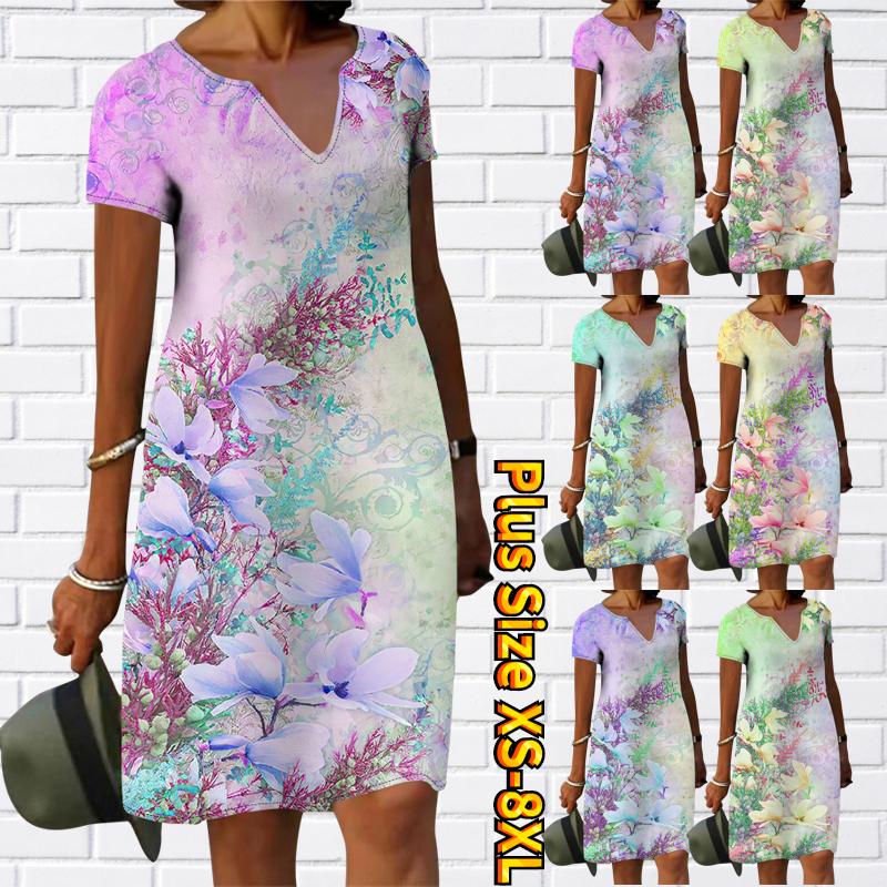 

Летнее модное платье с большим v-образным вырезом, женское платье с коротким рукавом, 3D фиолетовое великолепное платье с цветочным принтом, свободное повседневное платье для женщин