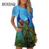 2026 New Summer 3d Peacock Pattern Loose A-line Round Neck Dress Casual Beach Party Short-sleeved Dress