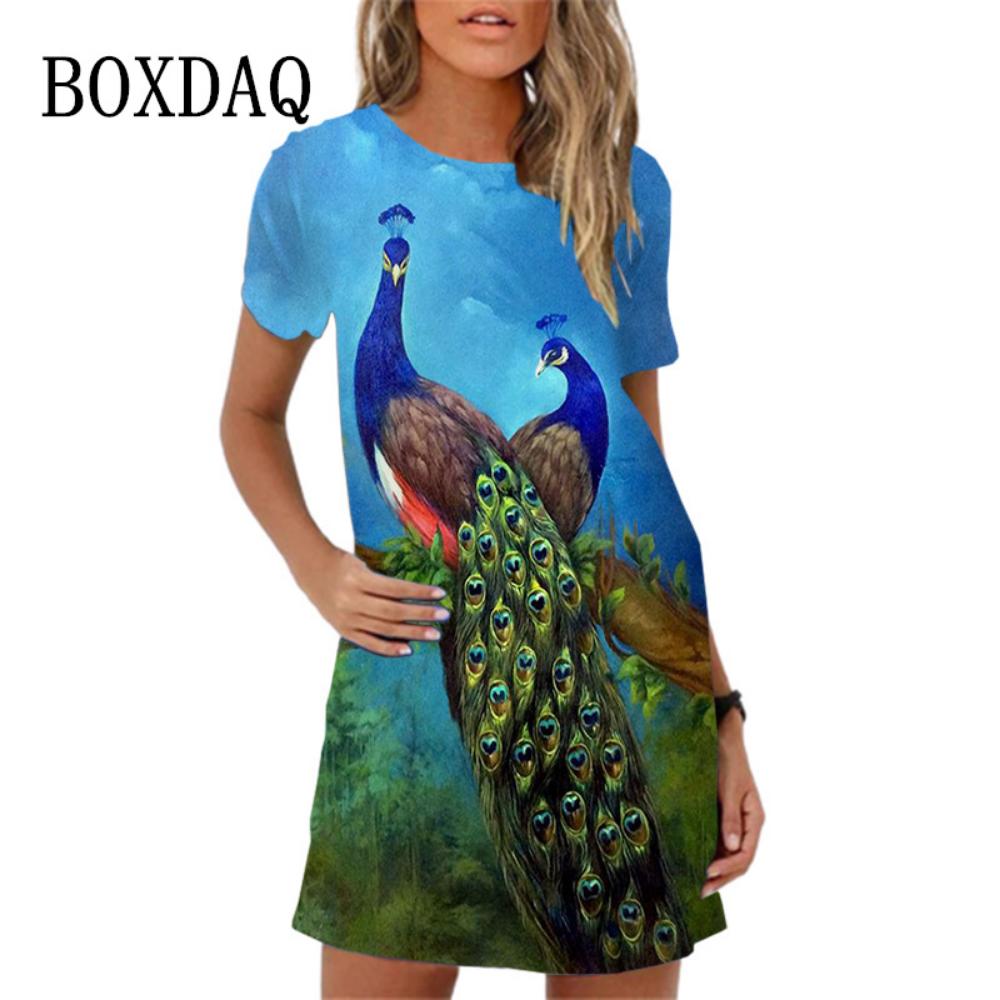 

2026 New Summer 3d Peacock Pattern Loose A-line Round Neck Dress Casual Beach Party Short-sleeved Dress 6XL