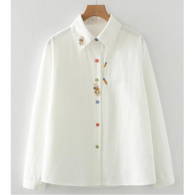 Women's Long Sleeve White Cotton Shirt with Rabbit and Radish Embroidery – Spring & Autumn Collection