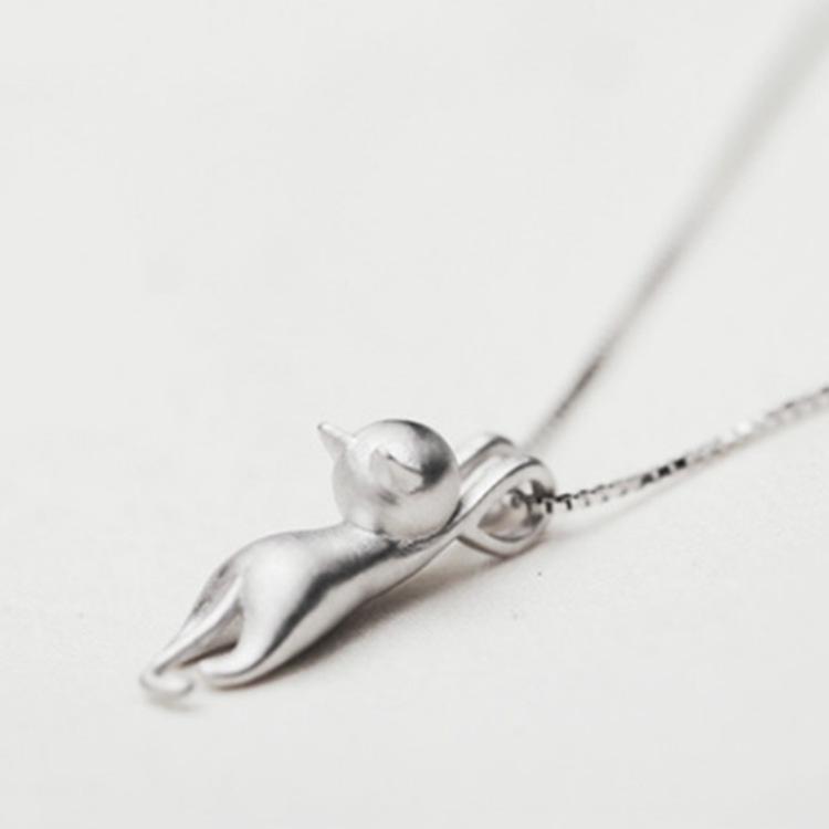 Korean Style 925 Sterling Silver Cat Pendant Necklace for Women