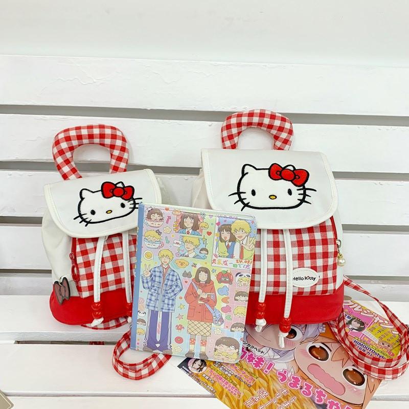 Cute Hello Kitty And Plaid Pattern Girl Canvas Backpack For Daily Use