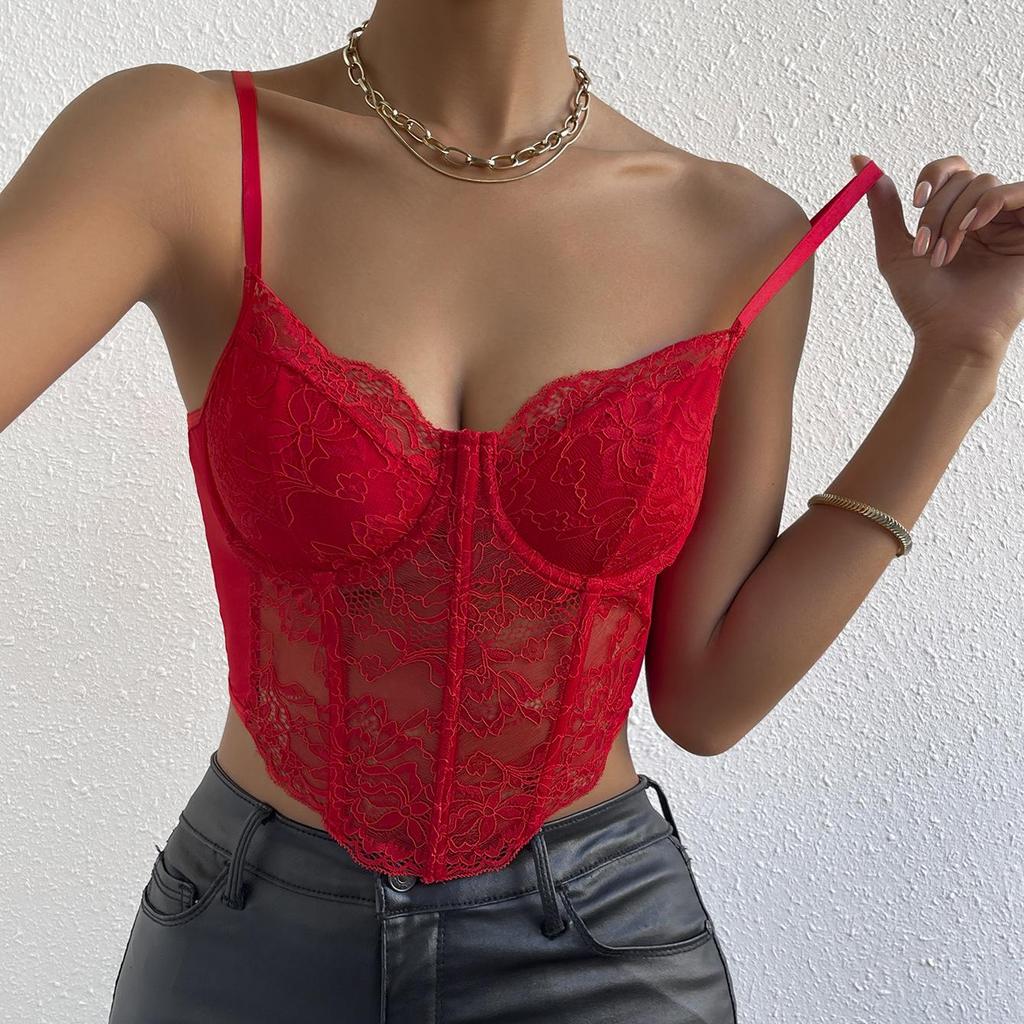 Sexy Lace Underwire Diamond Fishbone Crop Top - See-Through Bodycon Tank for Women