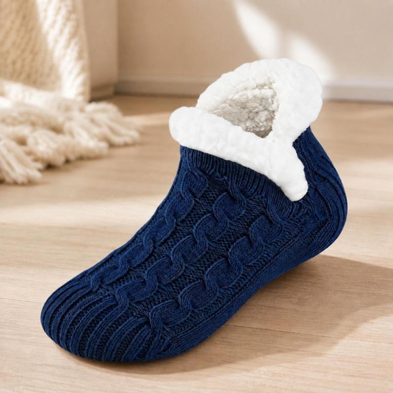 Warm Indoor Floor Socks with Cable Texture, Plush Lining and Traction Dots for Walking Around the Home in Cool Weather