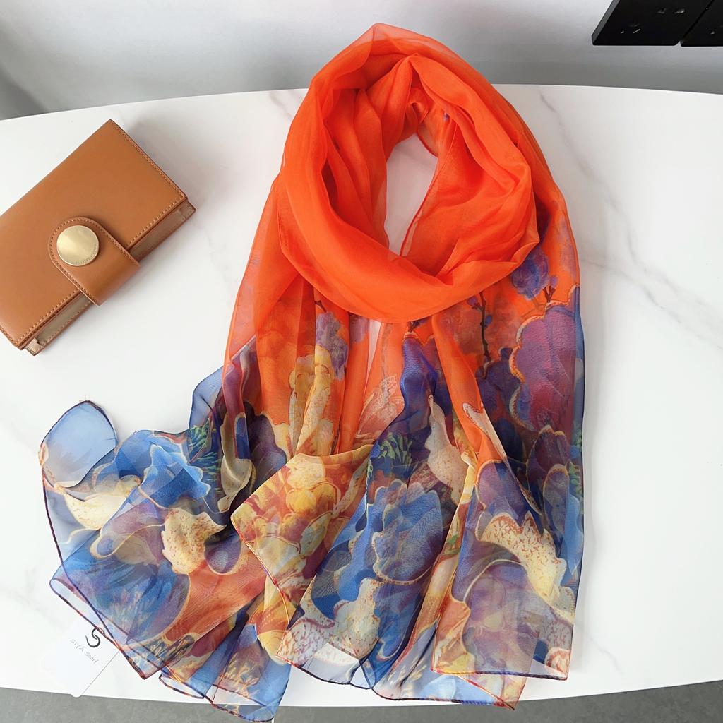 Elegant Flower Print Scarf Thin Smooth Mulberry Silk Shawl Casual Outdoor Sunscreen Windproof Scarf, Mulberry Silk, Very Light Fabric
