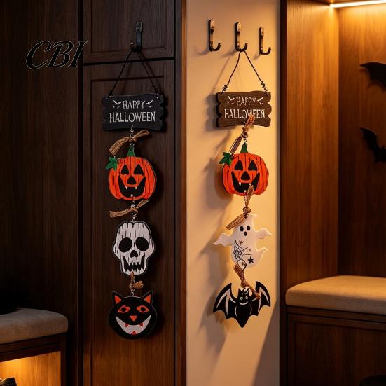Retro Distressed Holiday Plaque Happy Halloween Wooden Sign, Spooky Pumpkin Ghost Cat Bat Door Hanger, Wall Decor Rustic Farmhouse Hanging Sign
