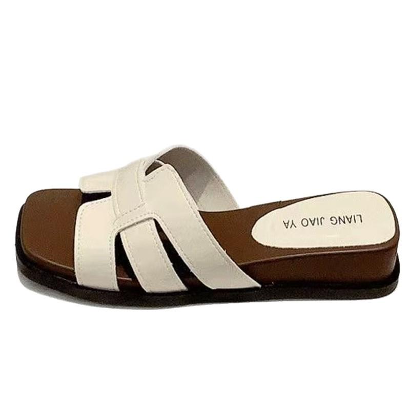 One-character Cool Slippers Women's Flat Bottom Drag Summer Fashion Solid Color Soft Leather Square Head Open-toed Casual Women's Slope and Cool Sl