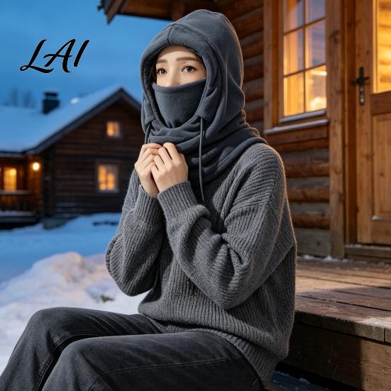 Full Coverage Fleece Neck Shield Winter Balaclava Hat with Drawstring Windproof Thermal Polar Hooded Scarf Gear for Autumn Sports Breathable