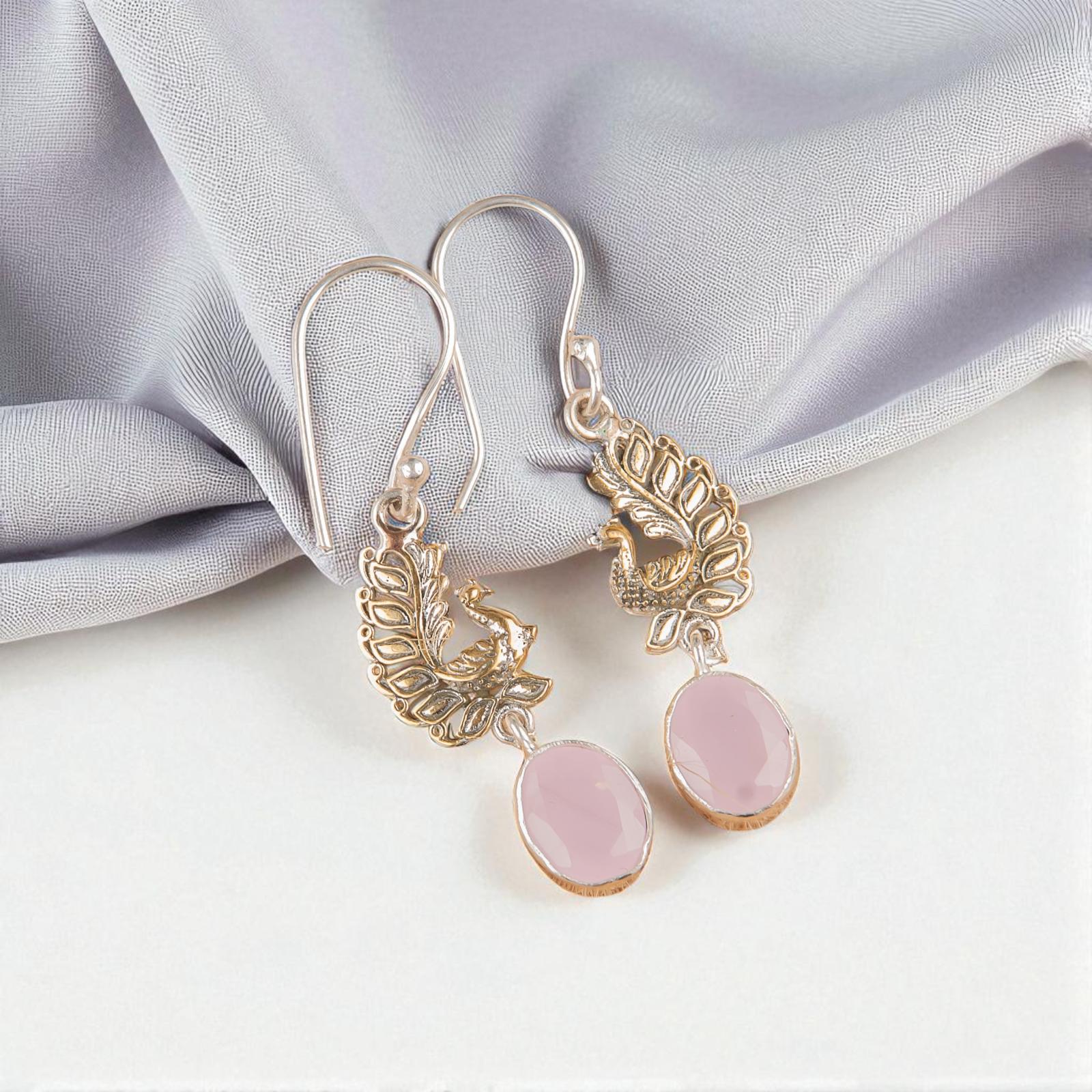 

Rose Chalcedony Gemstone 925 Sterling Silver Jewelry Handcrafted Earrings 1.8 EE-88-16