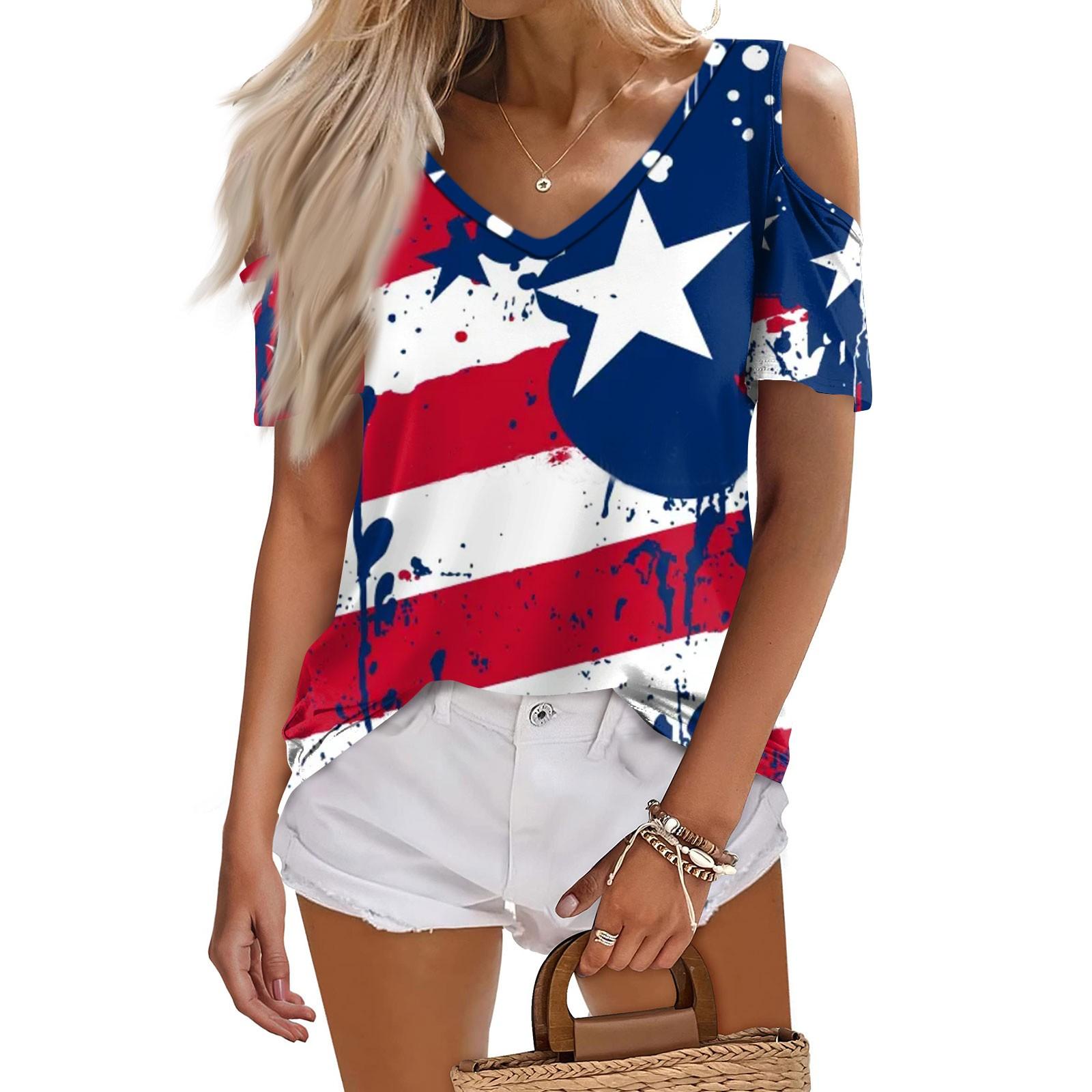 

Жіноча літня модна повсякденна футболка без бретелей з V-подібним вирізом і короткими рукавами до Дня незалежності M
