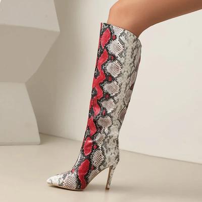 Fashion Serpentine Mixed Color 10cm Slim High Heels Knee High Boots European American Fashion Pointed Spicy Girl Women Boots Size 34-46
