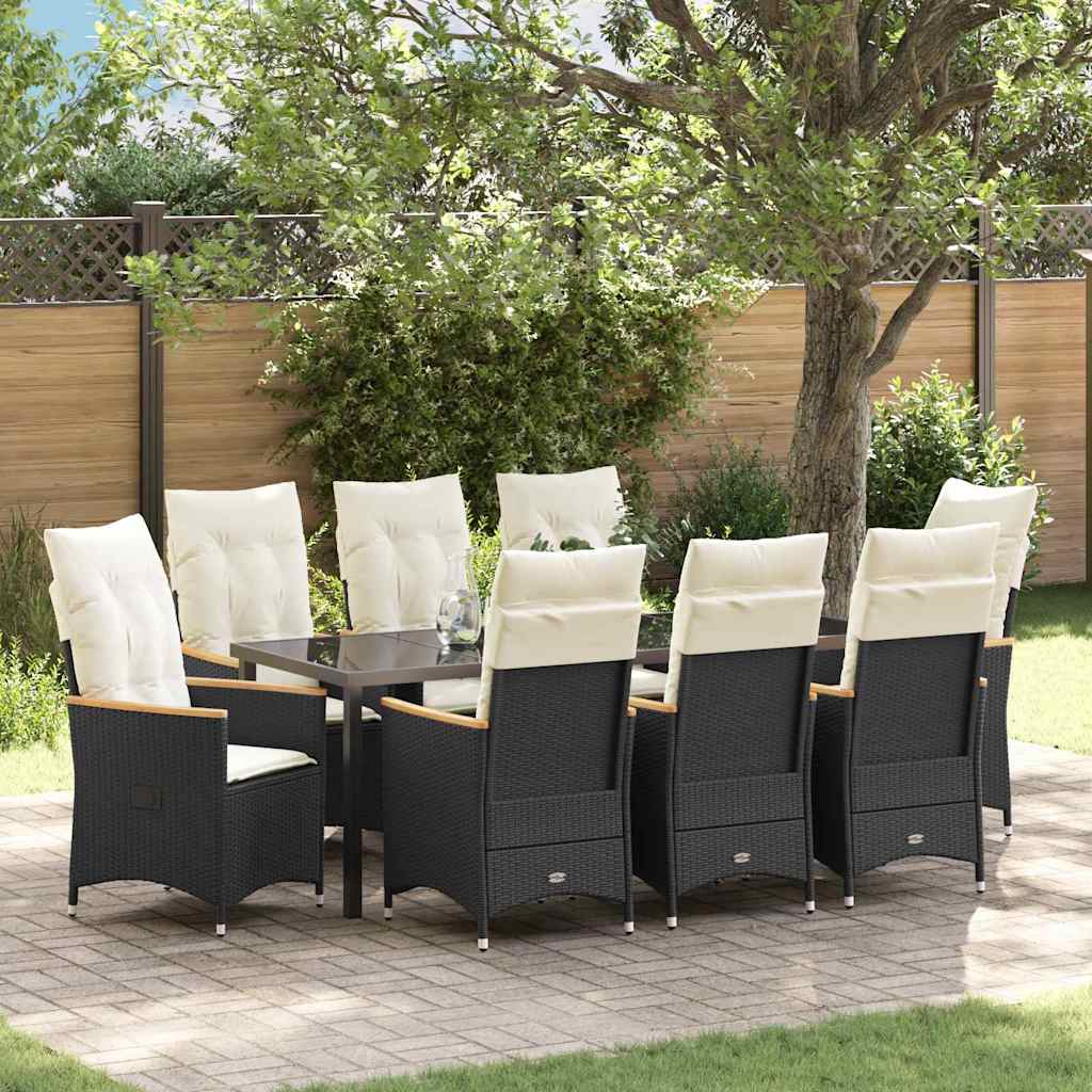 9 Piece Black Poly Rattan Garden Dining Set with Cushions
