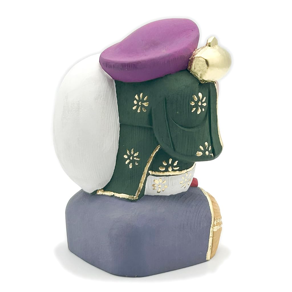 Figurka HU Trading Daikokuten, dřevo hinoki, barevné kirigane, Sedm bohů štěstí, celková výška 10,5 cm, šířka 7 cm, hloubka 7 cm, b0155