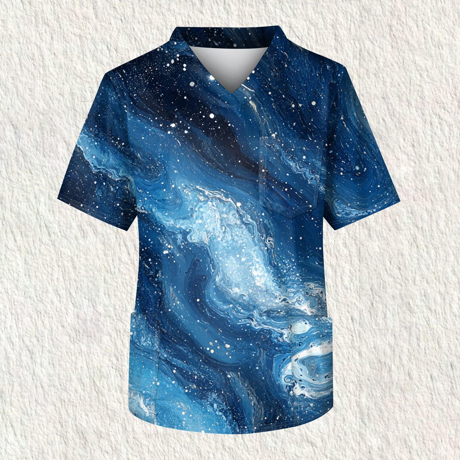 

Мужская рабочая блузка с короткими рукавами и v-образным вырезом с принтом, топ с нагрудным карманом S тёмно-синий