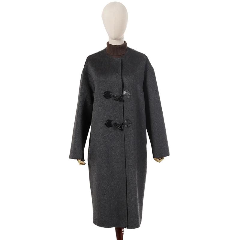 New Double-sided Cashmere Coat with Croissant Buckle Round Neck Medium and Long Woolen Coat Wool Coat Autumn and Winter