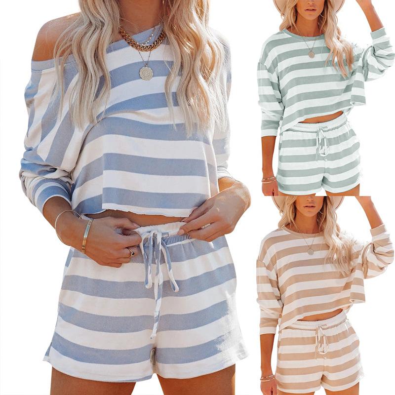 New Ladies Long-sleeved Shirt Shorts Striped Sweater Casual Two-piece Suit