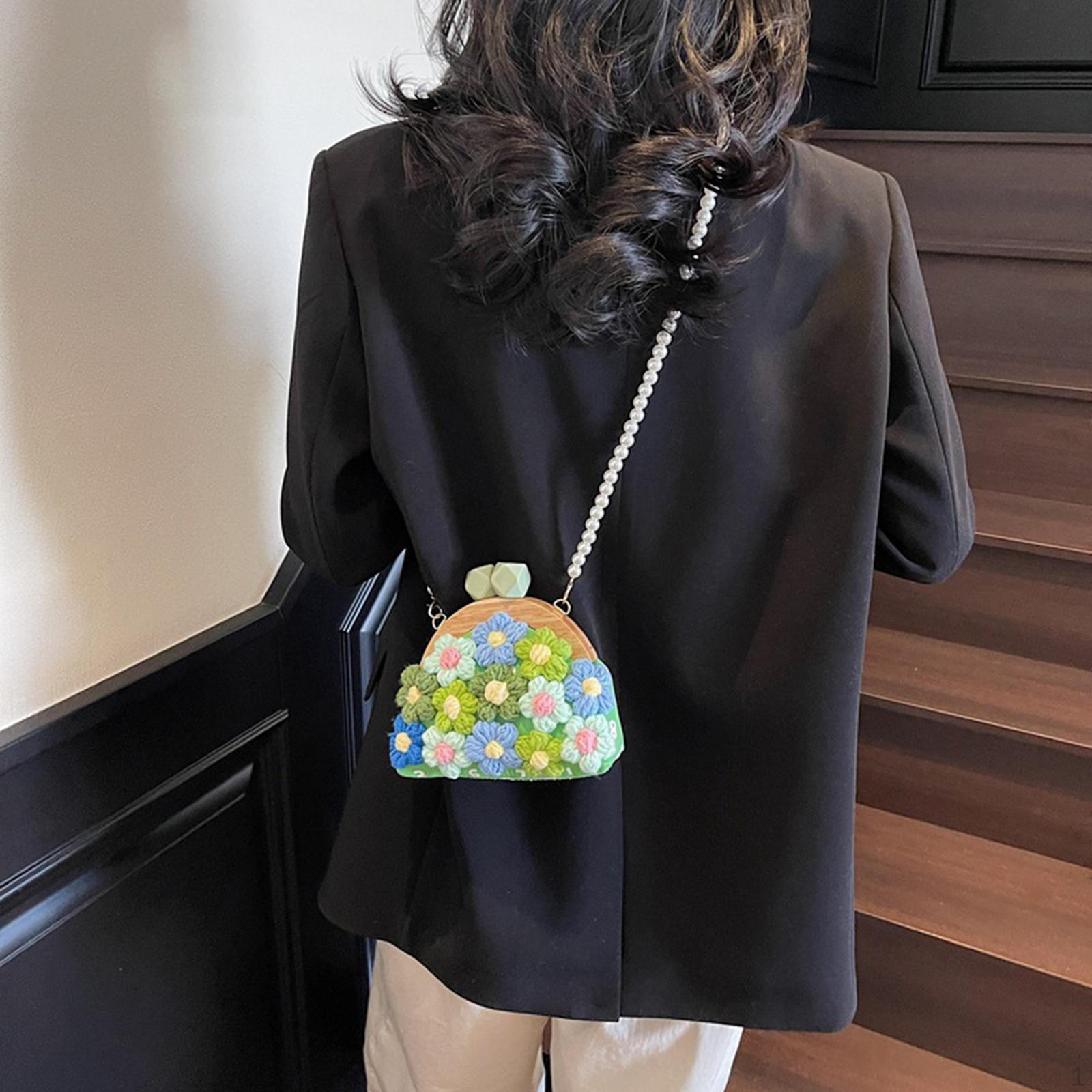 

Вязаная сумка Модная женская с бисерным ремешком Сумка-тоут Милый кошелек Сумка через плечо зелёный