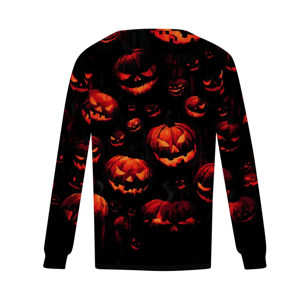 Women's Casual Long Sleeve T Shirt Pleated Round Neck Halloween Pumpkin Print Top Lightweight Comfortable Fit
