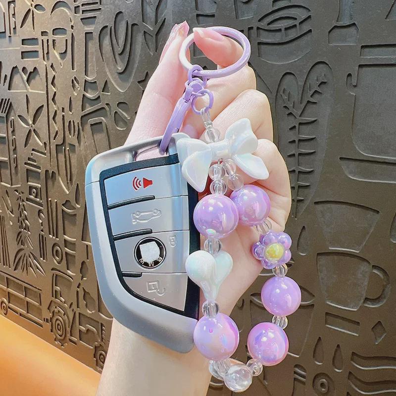 Colorful Beaded Heart Keychain with Bow Pendant