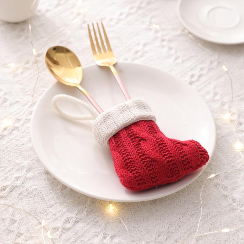 Christmas Knitted Sock Tableware Protector Efficient Fabric Decoration For Holiday Dining Party Table Setting