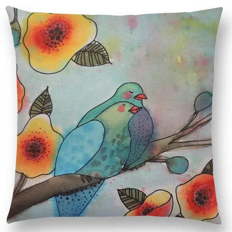 New Arrivals Watercolor Little Birds Pillow Case Floral Home Decor Cushion Cover