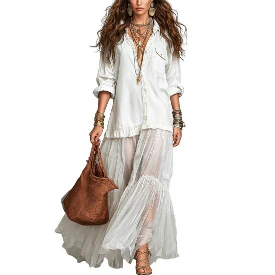 Women s Faux Denim Shirt Dress Long Sleeve Mesh Patchwork Maxi Dress Button Down S белый