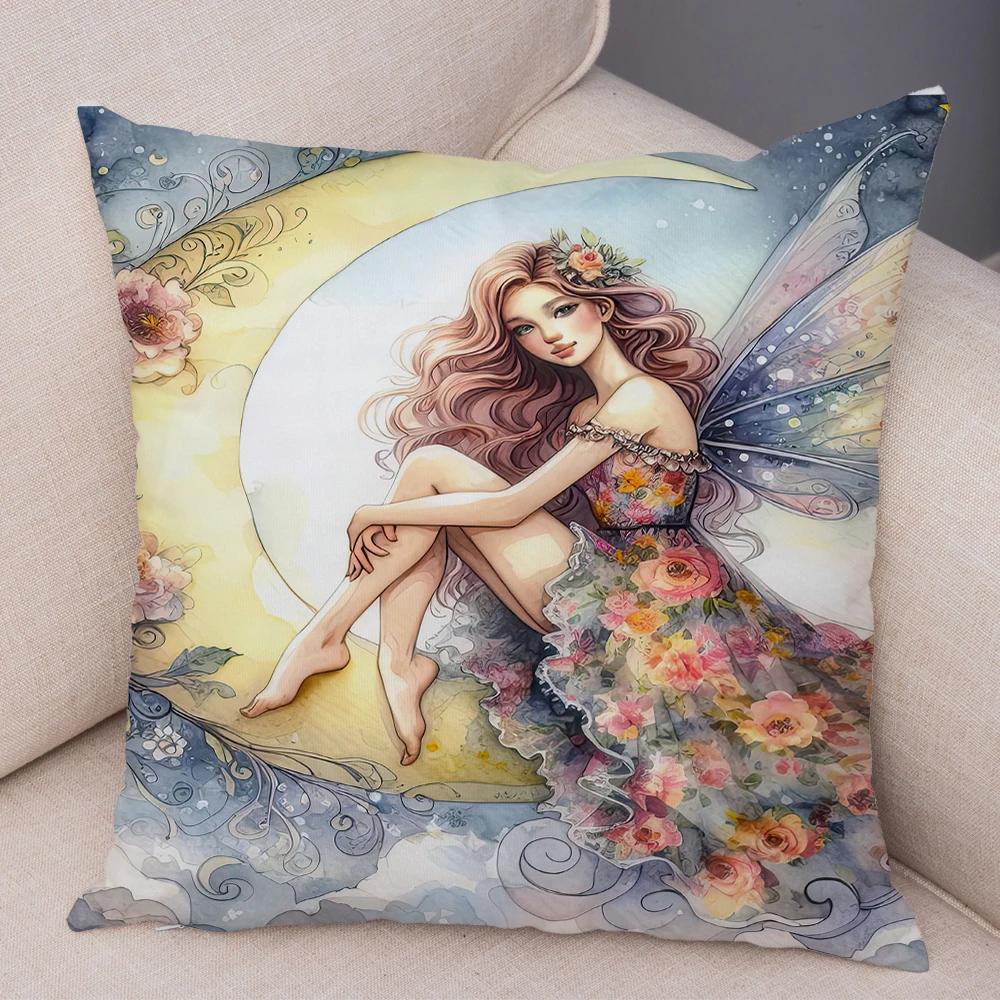 Niedlicher Cartoon Waldmädchen Elfen Kissenbezug Doppelseitig bedruckter Kissenbezug Deko für Sofa Zuhause Superweicher Plüsch Kissenbezug 40x40cm