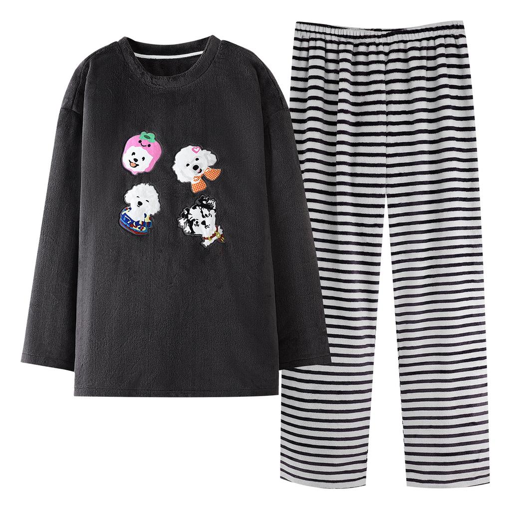 Flannel Pajamas Women Autumn And Winter Cartoon Sweet Thickened Warm Coral Fleece Loungewear Set