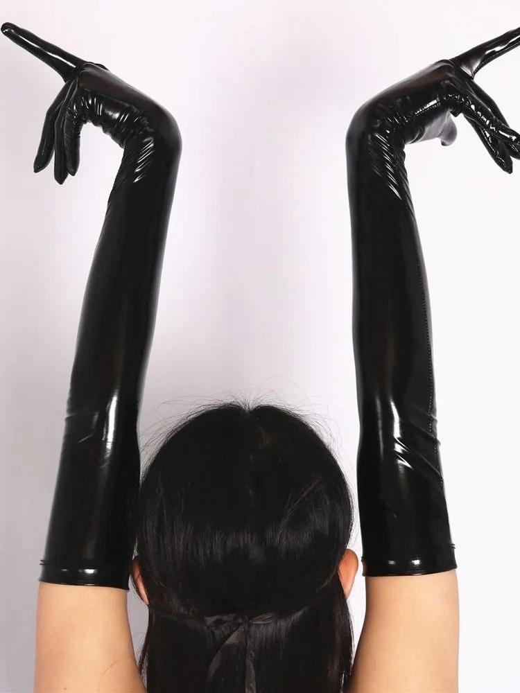 S-XXL Antiscivolo Effetto Bagnato PVC Guanti Lunghi Lucidi Pelle PU Manopole Cosplay Performance Guanto Eldiven Mittens Handschuhe Gantlet
