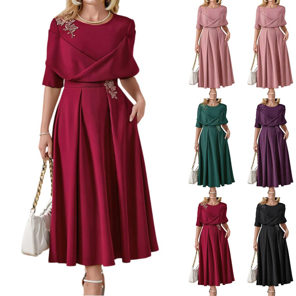 Women’s Midi Dress with Embroidered Detailing Elegant Pleated Skirt and Overlay Top Suitable for Formal Events