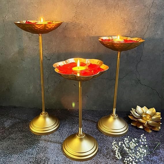 Taj Bowls Set Candle Stands Urli Tealights and Oil Diya | Golden Puja Home Festival Wedding Birthday Indoor Outdoor Anniversary