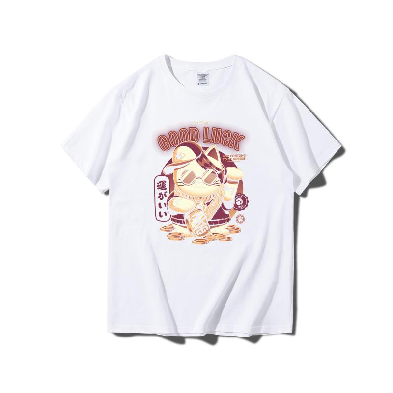 

Men Premium Cotton Lucky Cat Print Tees Funny Harajuku Style Combed Cotton Tshirt