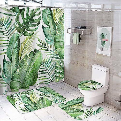 Flower Watercolor Field Flower Shower Curtain With 4 Pieces Absorbent Bathroom Mat Bathroom Curtain With Soft Bath Wheel U-Shaped Mat