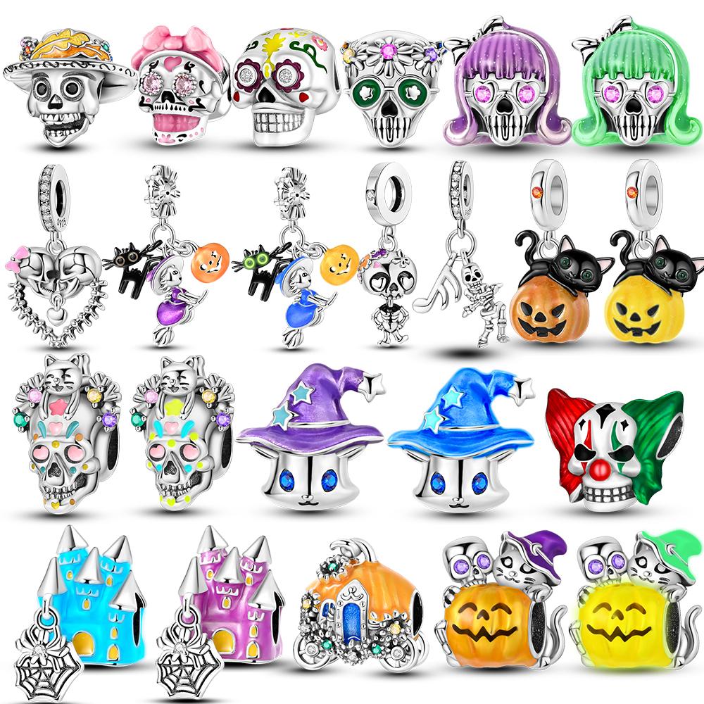 Copper Halloween Pumpkin Human Skeleton Pendant Charms Beads Fit Original Mula Bracelet Necklace For Women Diy