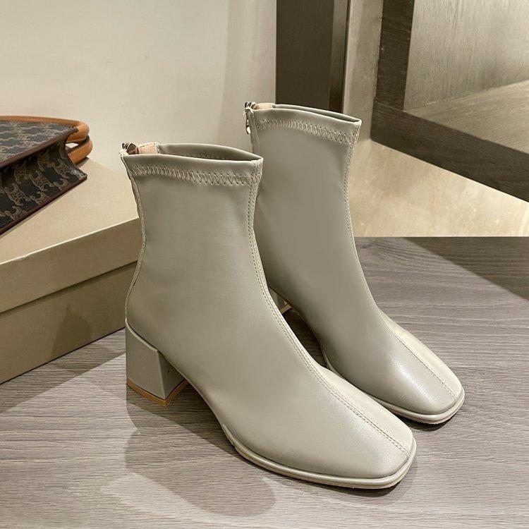 Retro Short Boots Women's Autumn New Square Head Thick Heel Fashion Boots Rear Zipper High Heel Thin Boots