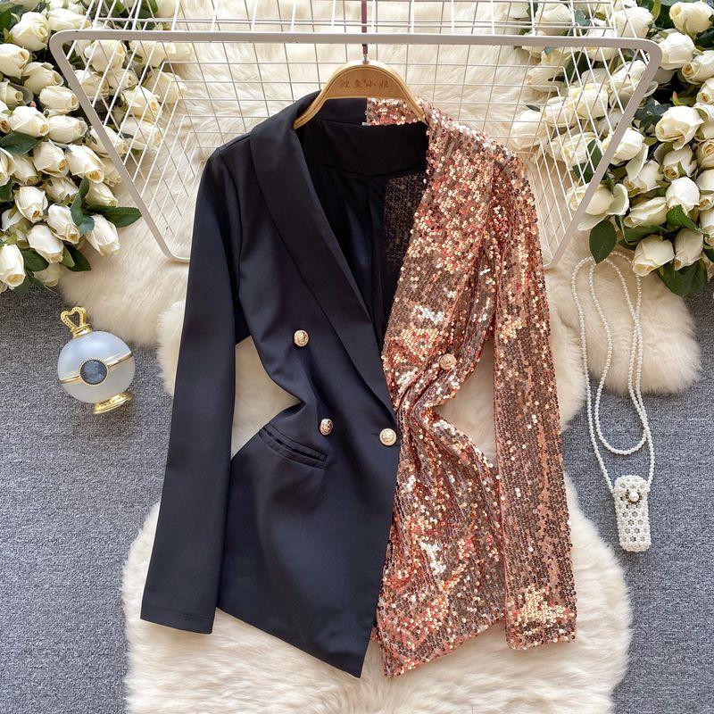 

Adult Lady like Woman Sequin Color Contrast Patchwork Fashionable Suit Outwear