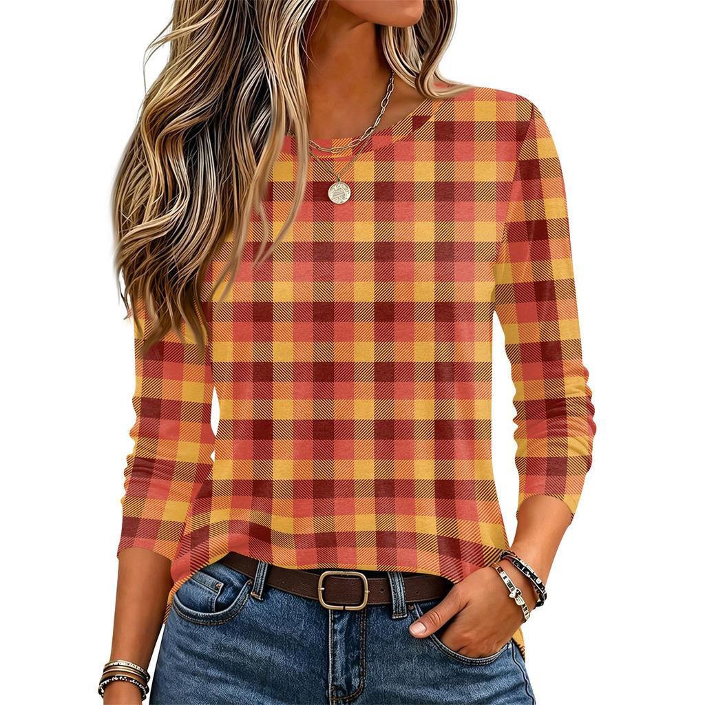 Top de punto para mujer con estampado de rayas y cuadros, cuello redondo, manga larga
