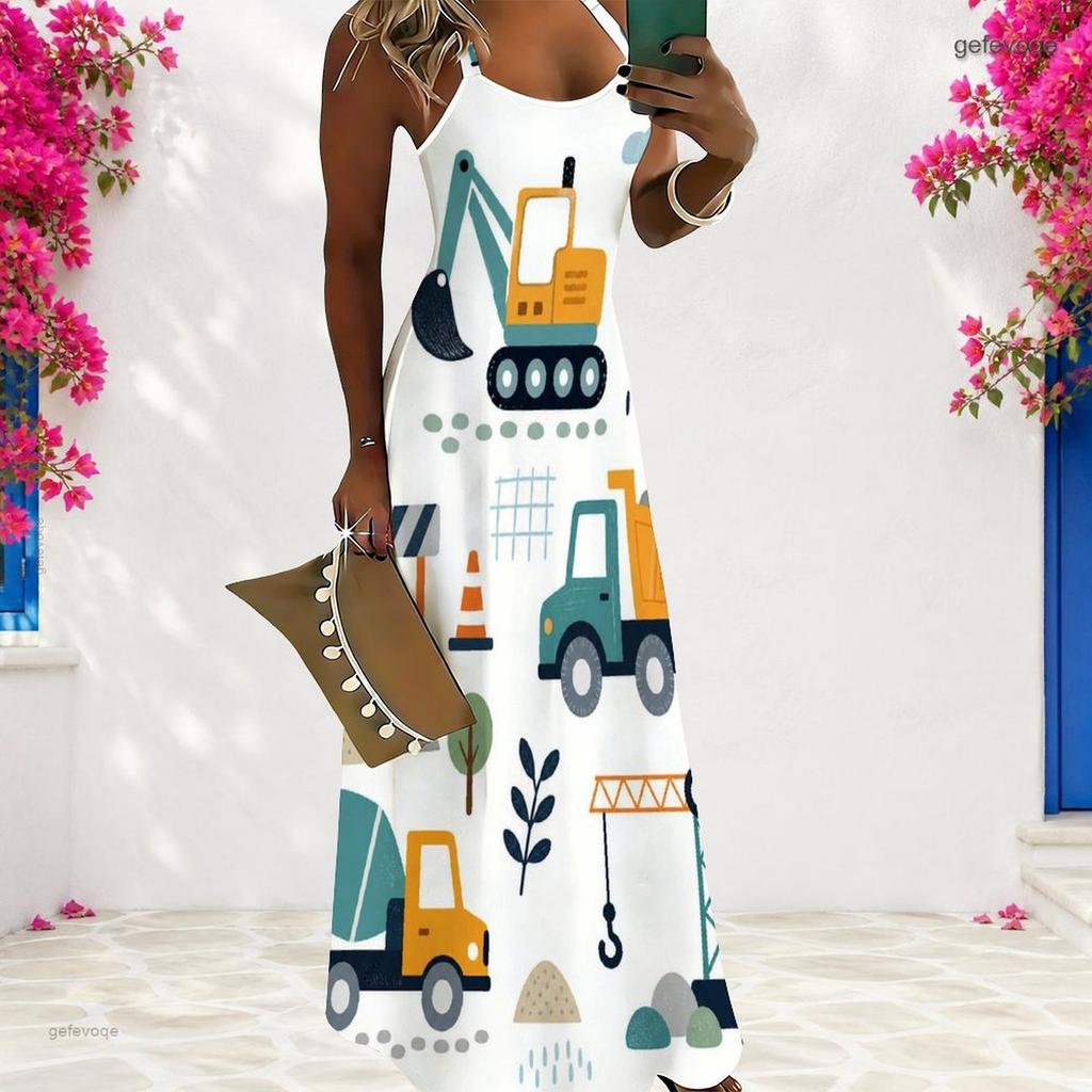 Women Plus Size Scoop Neck Strappy Sleeveless A Line Long Dress Cartoon Printed White
