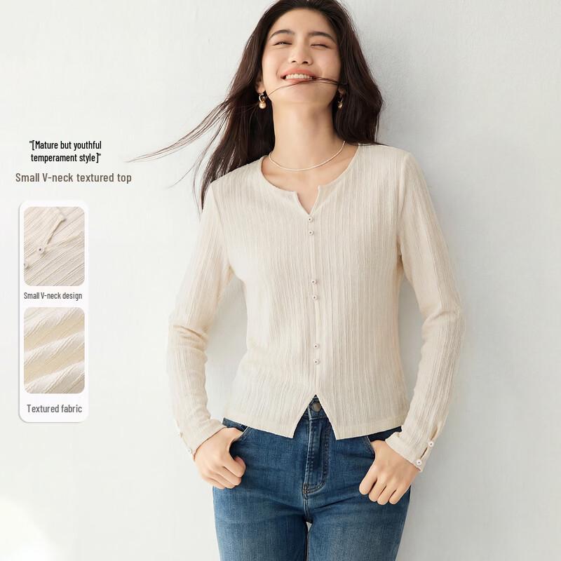 Women s Round Neck Textured Long Sleeve T-shirt 2XL