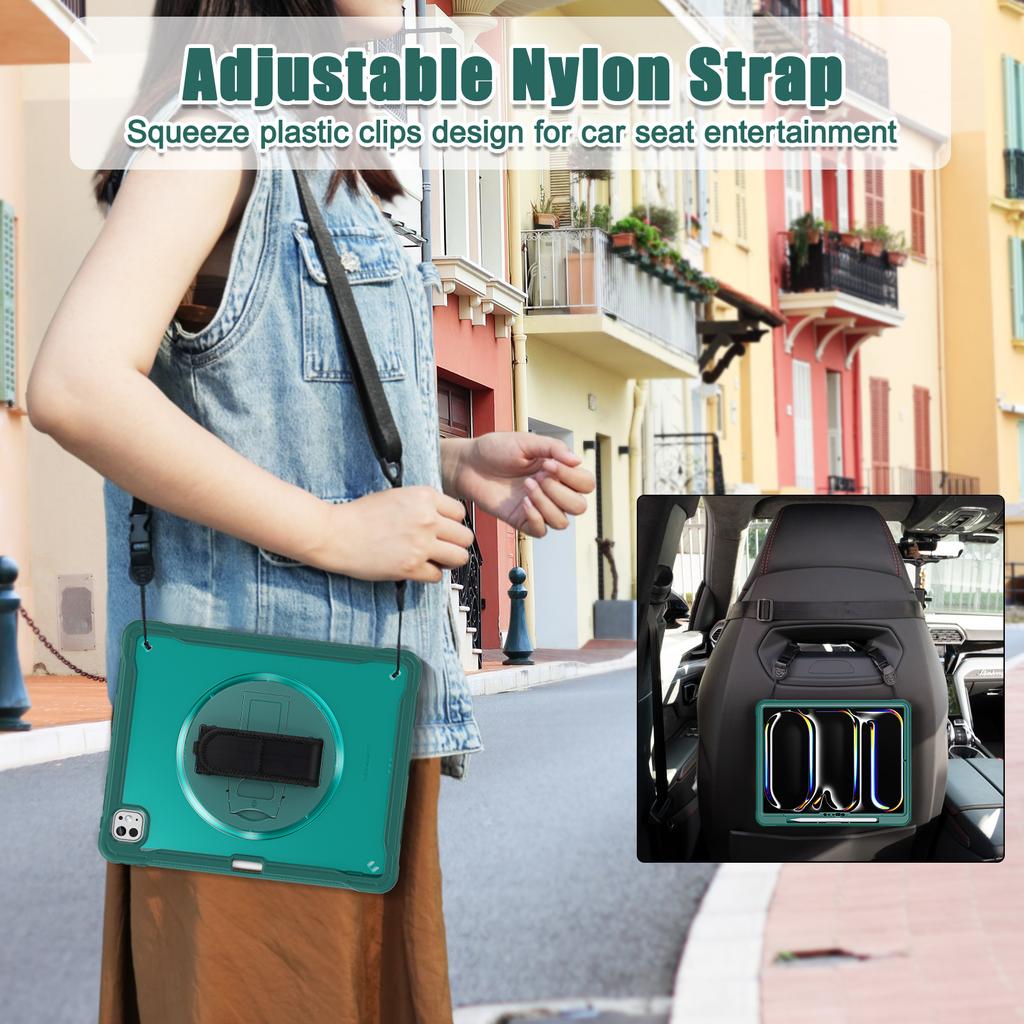 For iPad Pro 13 (2025)/(2024) Case Hand Strap Kickstand PC+TPU+Silicone Cover with Shoulder Strap