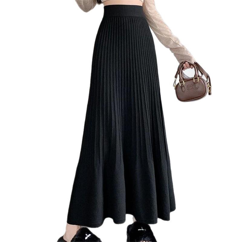 Off-white High-Waisted Pleated A-line Knit Skirt for Women - Petite Korean Style, Autumn/Winter Wear