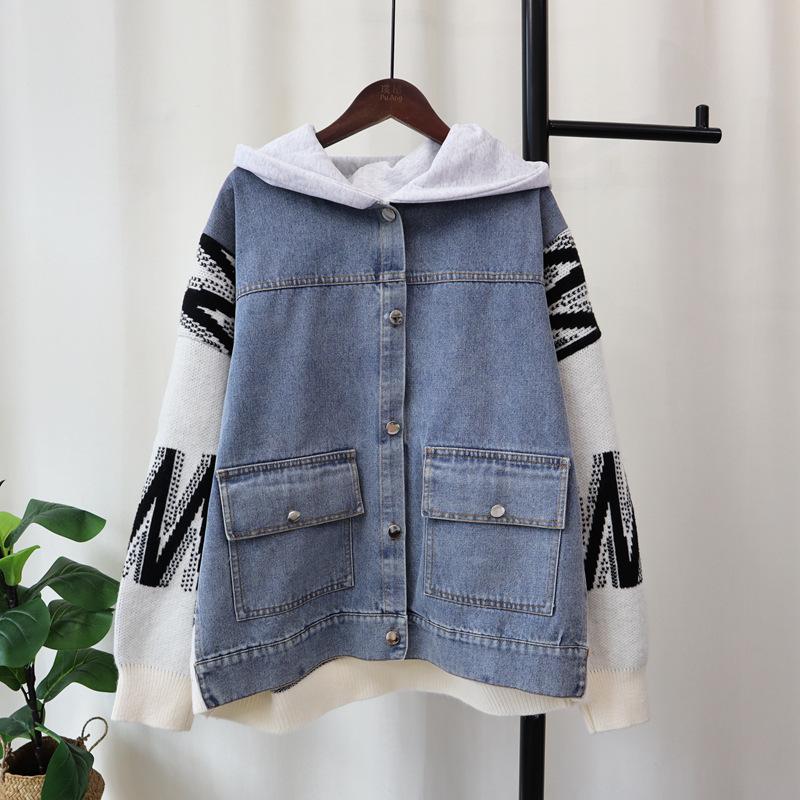 

Осень и зима новый худи с джинсовой вязкой в стиле пэчворк, кардиган, свободный повседневный свитер-куртка женский one size fits all