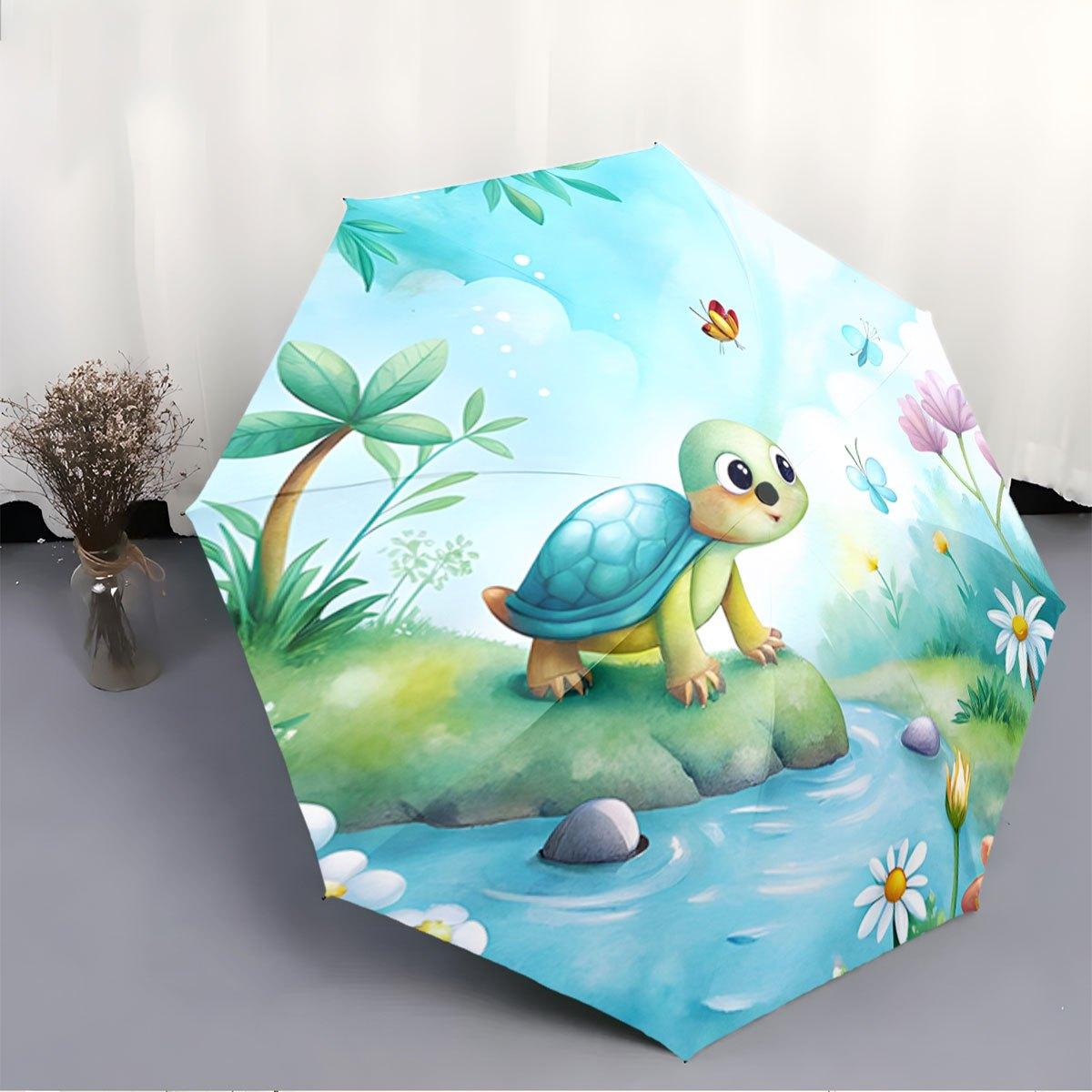 

Folding umbrella Colorful turtle by a stream, surrounded by flowers and butterflies Creative portable folding umbrella, suitab (as the picture,Iron&8K)