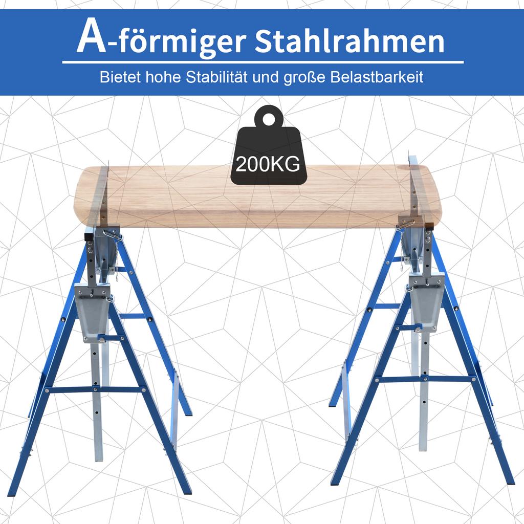 2-Piece Set Work Trestle, Load Capacity up to 200 kg, Foldable, Sawhorse, Height-Adjustable 80-130 cm, Scaffold Trestle Made of Steel