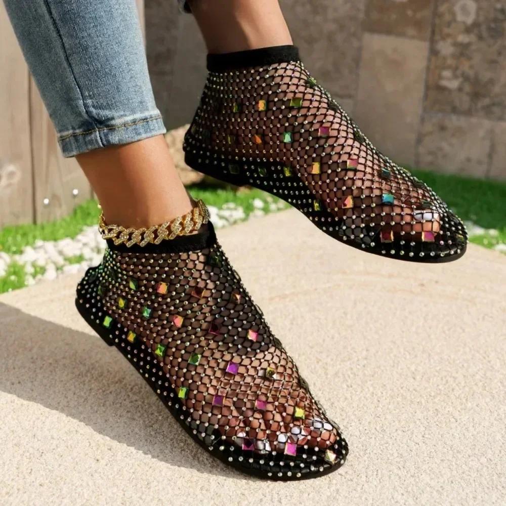Women's Sandals 2024 Hot Selling Hollow Sexy Water Diamond Flat Bottom Mesh Sandals New Outdoor Women's Slippers Sandal