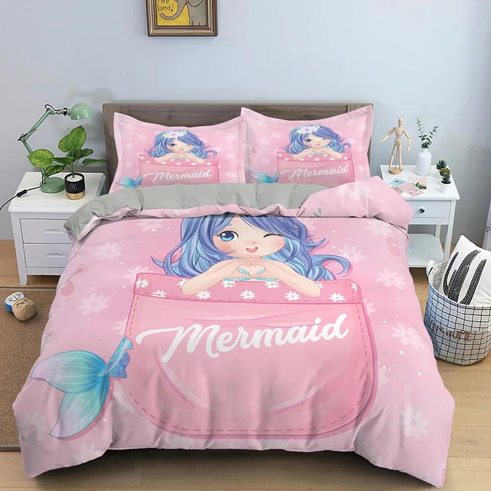 Mermaid Cute Cartoon Comfortable Duvet Quilt Cover Pillowcase Bedding Set Children Bedroom Decoration Home Textile